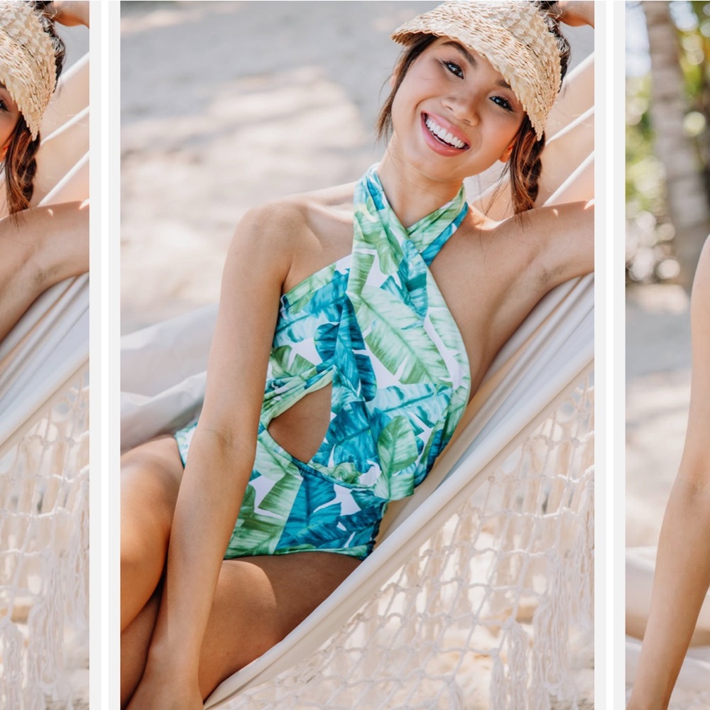 Tropical Green Blue Palm Print One Piece Swimsuit - Size M